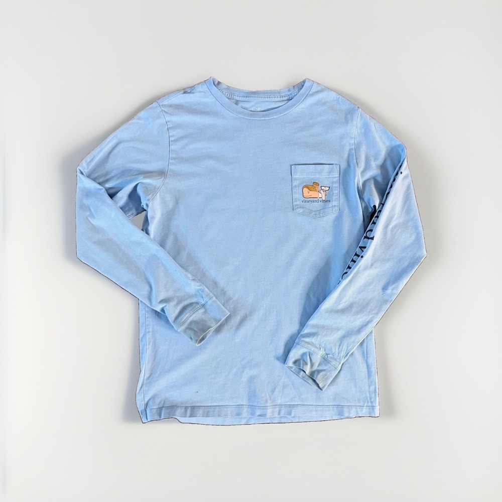 Vineyard Vines Girls Light Blue Long Sleeve Whale Graphic Pocket T-Shirt Size M